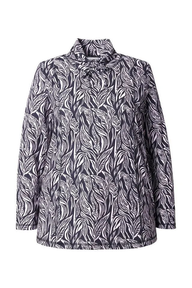 Ulla Popken Longshirt Shirt Blätter Stehkragen Langarm Biobaumwolle, Schwarz, – Produktbild 3 von 4