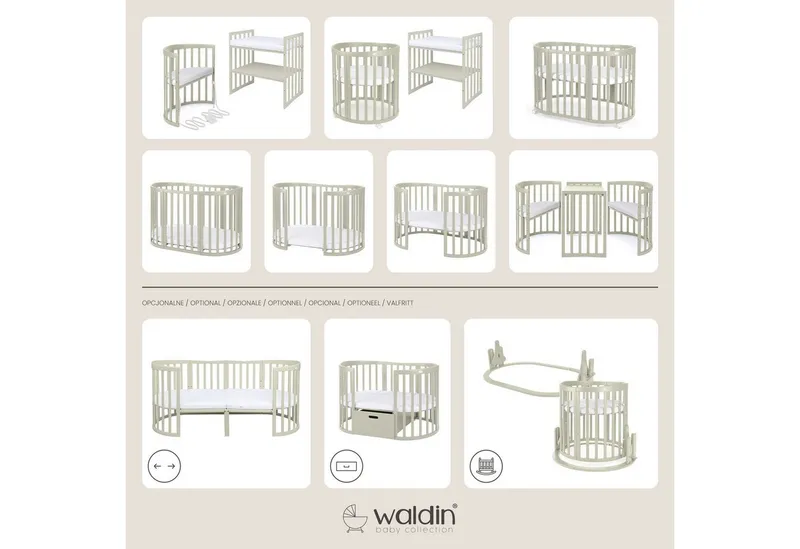 Waldin Waldin Babybett Oval 7in1 mitwachsend, Beistellbett, Matratze, Rollen, Grün, – Produktbild 3 von 5