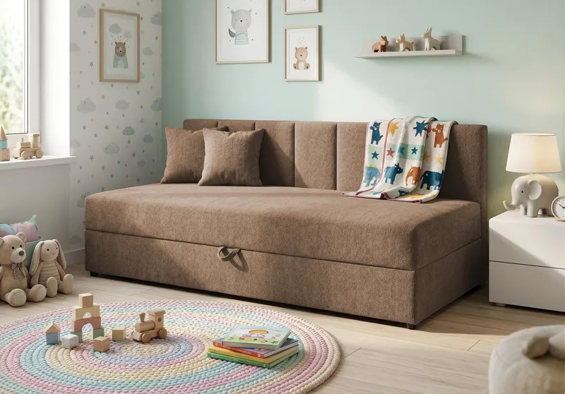 S-Style Möbel Daybett / Tagesbett Lenny mit Rückenlehne und großem Bettkasten, aus Chenille-Stoff, mit Bonellfedern, Braun, – Produktbild 2 von 6