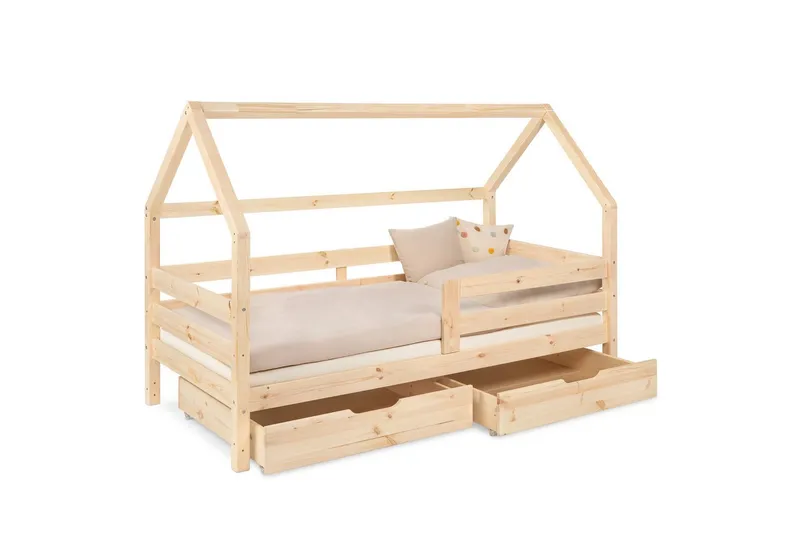 Ehrenkind Hausbett Sona aus FSC®-zertifiziertem Kiefernholz, höhenverstellbar (90x200 cm mit Doppelschublade, inkl. Rollrost und abnehmbarem Rausfallschutz), 2-in-1 Bett – bodentief oder in Standardhöhe aufbaubar, Natur, – Produktbild 1 von 5