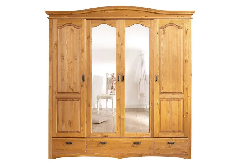 OTTO home Schiebetürenschrank Konrad, Landhausstil, rustikal, mit Schubladen + Spiegel, Kassetten (B/H/T ca. 202 cm x 207 cm x 64 cm) massive Kiefer, FSC®-zertifiziert, Messinggriffe, Beige, – Produktbild 2 von 5