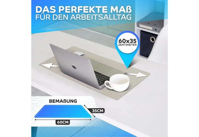 MAXLVL Gaming Mauspad Schreibtischunterlage - Mauspad mit Vernähte Kanten - abwaschbar (in 80x40 cm / 60x35 cm, Schreibtisch Unterlage für Büro), Tischunterlage Schreibtisch aus PU-Leder, Grau, – Produktbild 3 von 5