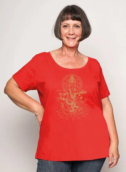 Peaces.bio - handbedruckte Biomode Peaces.bio - handbedruckte Biomode Loosefit Shirt Ganesha Damen, Rot, – Produktbild 2 von 2