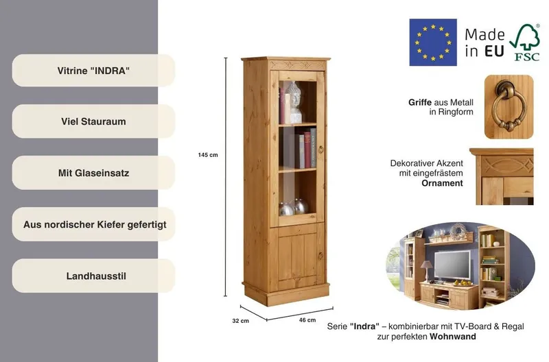 OTTO home Vitrine Indra aus massiver Kiefer, FSC®, 2trg., Höhe 145 cm, dezentes Ornament, Beige, – Produktbild 3 von 4