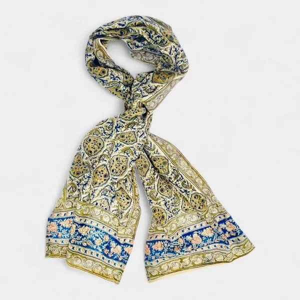 Der Lindwurm Der Lindwurm Kalamkari- Schal , Handdruck mit Pflanzenfarben, Gelb/grün/blau, – Produktbild 1 von 1