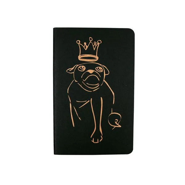 HANDGEDRUCKT HANDGEDRUCKT "Mops" Notizhefte ca. DIN A6, Schwarz / druckfarbe:bronze, – Produktbild 1 von 3