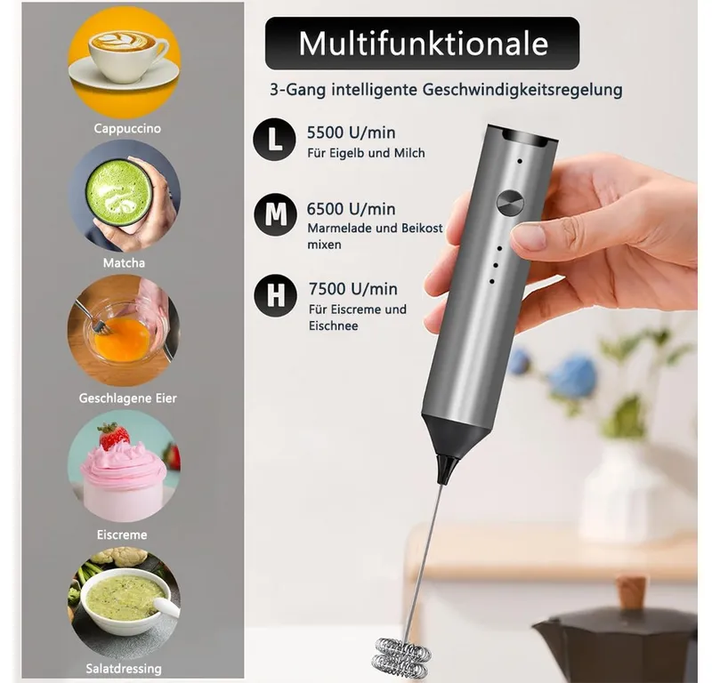 TUWENA Milchaufschäumer Milchaufschäumer Stab elektrisch, USB-C Wiederaufladbarer Aufschäumer – Produktbild 3 von 5