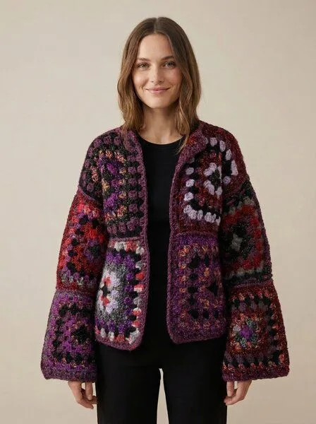 KnitToChange KnitToChange Gehäkelte Granny-Square-Strickjacke in Violett- und Rottönen – Produktbild 3 von 4