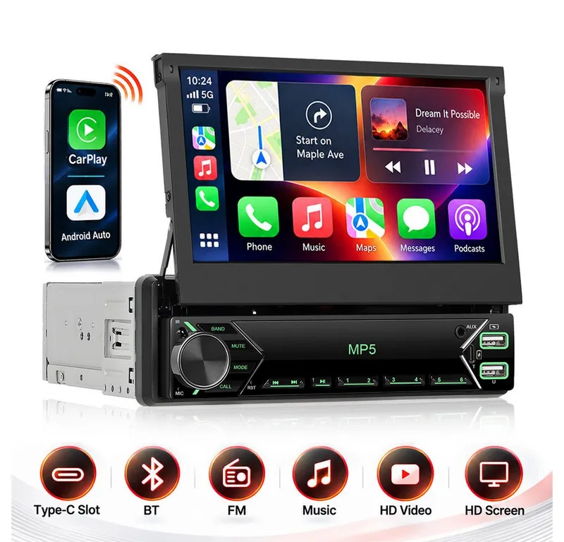 KAFMTOH 1DIN Autoradio 7 Zoll Touchscreen zum Klappen, CarPlay, BT, RDS Autoradio (FM), Schwarz, – Produktbild 2 von 5