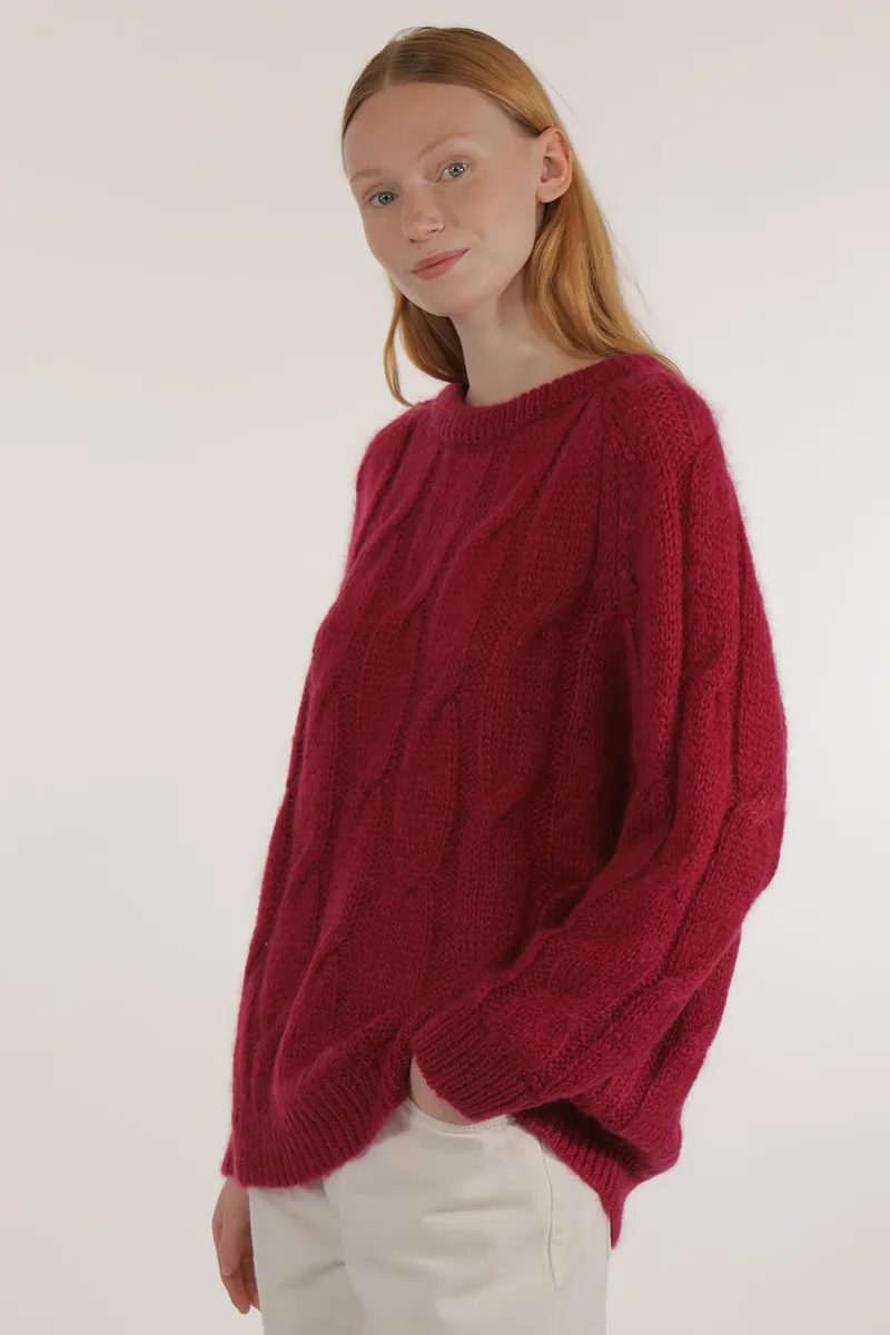 Les Racines Du Ciel Mohair Zopfmuster-Pullover Modell: Iroise, Pink, – Produktbild 1 von 1