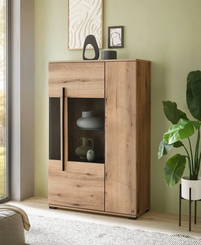 Home affaire Wohnwand Cantara, Anbauwand, Wohnzimmer-Set, in Eiche Evoke, Weiß oder Kaschmir, (Set, 4-St), enthält zwei Vitrinen, ein Lowboard und ein Wandboard, Braun, – Produktbild 7 von 8