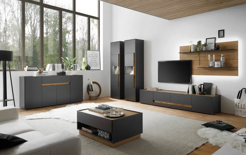 Furn.Design Lowboard Center (großer TV Unterschrank in Grau und Eiche, Breite 223 cm), mit viel Stauraum, Grau, – Produktbild 4 von 5