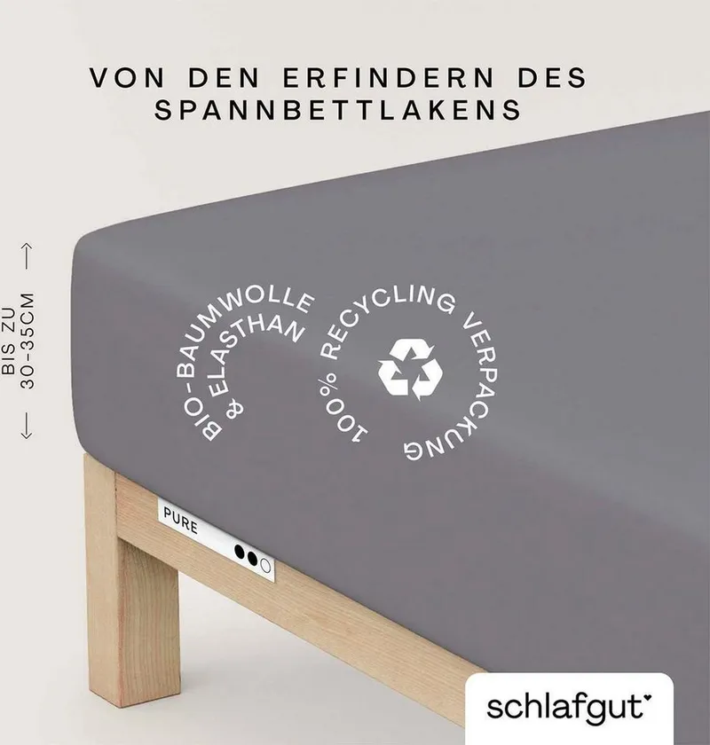 Schlafgut Schlafgut Spannbettlaken PURE Bio-Baumwolle mit Elasthan, 170 g/m², Bettlaken, Spannbetttuch, Jersey, Gummizug: rundum, (1 Stück), PREMIUM Laken für Matratzen bis 30cm Höhe, dehnbar blickdicht, straff, Grau, – Produktbild 2 von 5