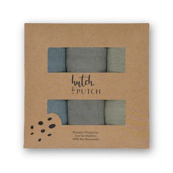 Hutch&Putch Hutch&Putch 3er-Set Musselin-Mulltuch aus Bio-Baumwolle in 60x60cm • einfarbige Mulltücher, Graublau/anthrazit/salbeigrün, – Produktbild 1 von 4