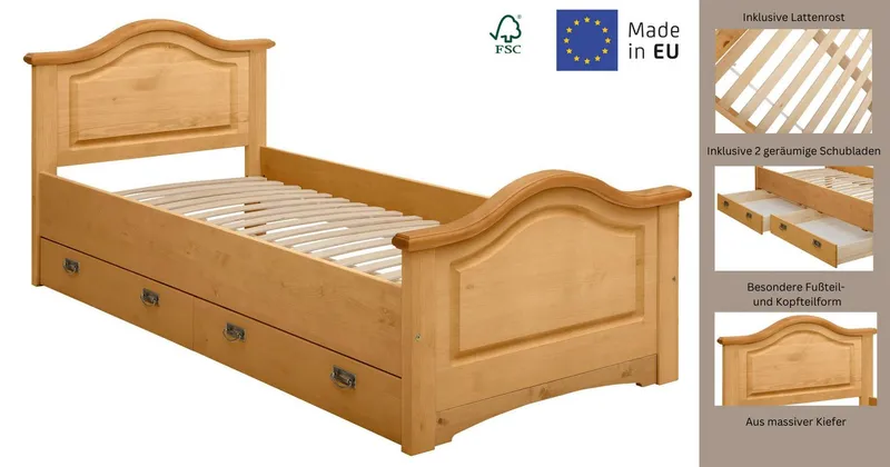 OTTO home Massivholzbett Konrad, Stauraumbett, Messinggriffe, rustikaler Landhausstil, mit FSC®-zertifiziertem Massivholz, Liegehöhe 40 cm, Beige, – Produktbild 4 von 5