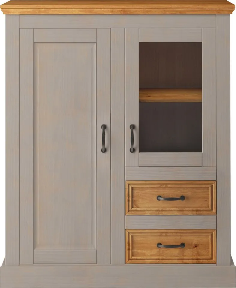 OTTO home Highboard Selma Vitrine mit 2 Türen, eine davon mit Glaseinsatz und 2 Schubläden, aus massivem Kiefernholz, mit einer natürliche Maserung, Metallgriffe, Grau, – Produktbild 4 von 5