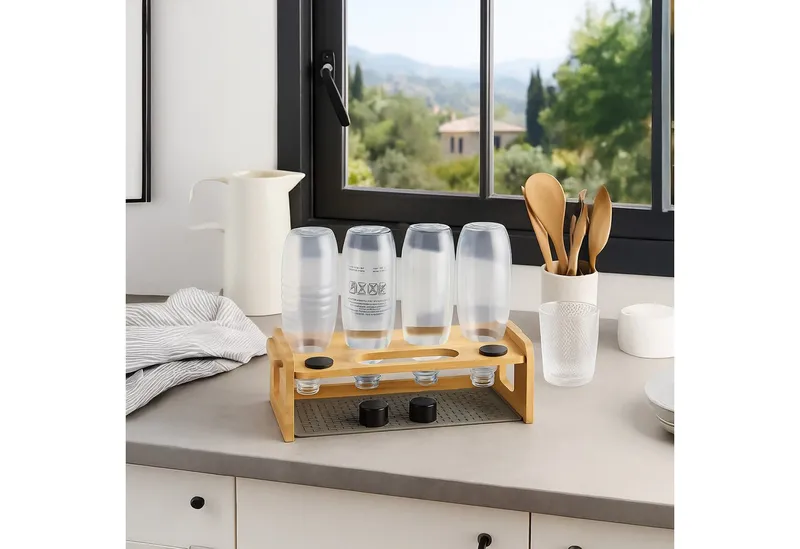 RELAXDAYS RELAXDAYS Geschirrständer 4er Flaschenhalter aus Bambus, Zubehör für Flaschen für Wassersprudler, Braun|grau, – Produktbild 2 von 5