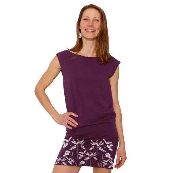 HANDGEDRUCKT HANDGEDRUCKT "Venushaar" Bio-Kleidchen, Aubergine, – Produktbild 1 von 3
