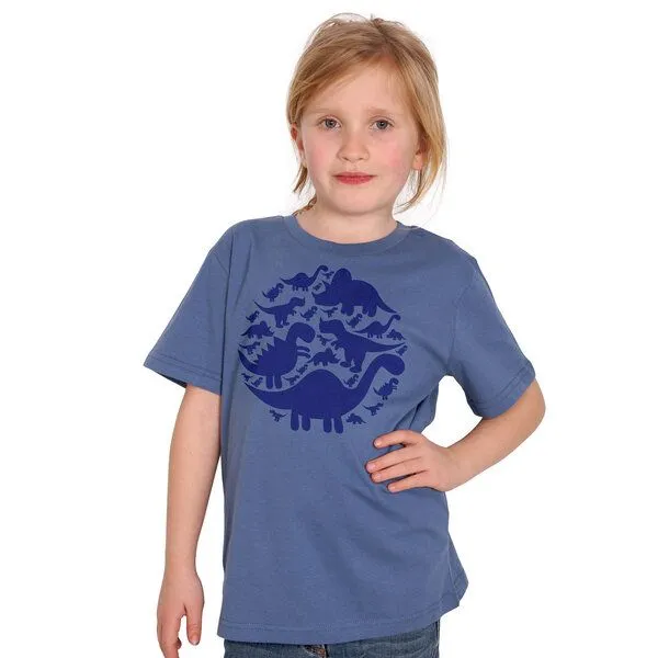 HANDGEDRUCKT HANDGEDRUCKT "Dinos" Unisex Kinder T-Shirt, Fadeddenim, – Produktbild 1 von 3