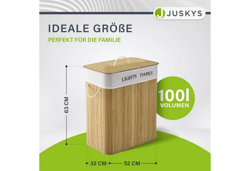 Juskys Wäschekorb Curly 100 L in Natur aus Bambus mit Deckel, 2 Fächern & Wäschesack, Wäschesammler für Familien, faltbar mit Tragegriffen, 52 x 32 x 63 cm, Beige, – Produktbild 2 von 5