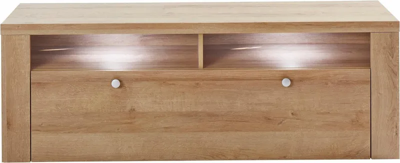 OTTO home Lowboard Larona, zeitloses TV Board mit 1 Klappe und 2 offenen Fächern, Breite 140 cm, Fernsehbank, viel Stauraum, dekorative Rahmenoptik, Beige, – Produktbild 4 von 5