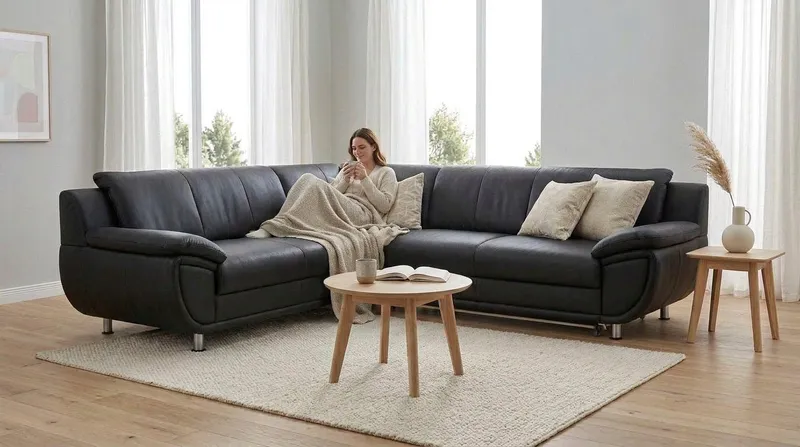 TRENDMANUFAKTUR Ecksofa Rondo 267 cm, elegant, bequem, Breite, L-Form, Chromfüße, L-Form, wahlw.mit Federkern, Füße chromfarben, Unser Dauertiefpreis, Schwarz, – Produktbild 6 von 8