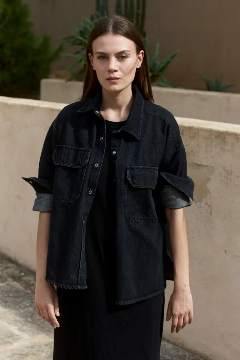WOTE WOTE Damen vegan Denim Overshirt Schwarz, Schwarz, – Produktbild 2 von 2