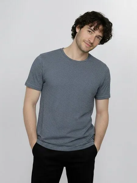 GreenBomb GREENBOMB Basic Spice - Sportliches T-Shirt aus Bio-Baumwolle / GOTS / Fair & Vegan, Blau (blue smoke stripes), – Produktbild 1 von 4