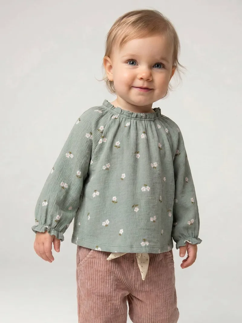 Vertbaudet Baby Shirt mit Rüschenkragen, Salbeigrün geblümt, – Produktbild 2 von 4