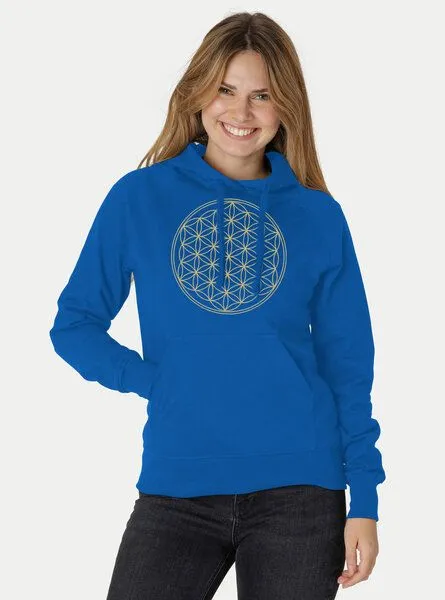 Peaces.bio - handbedruckte Biomode Peaces.bio - handbedruckte Biomode Bio-Damen-Kapuzensweater Die Blume des Lebens, Königsblau, – Produktbild 2 von 2