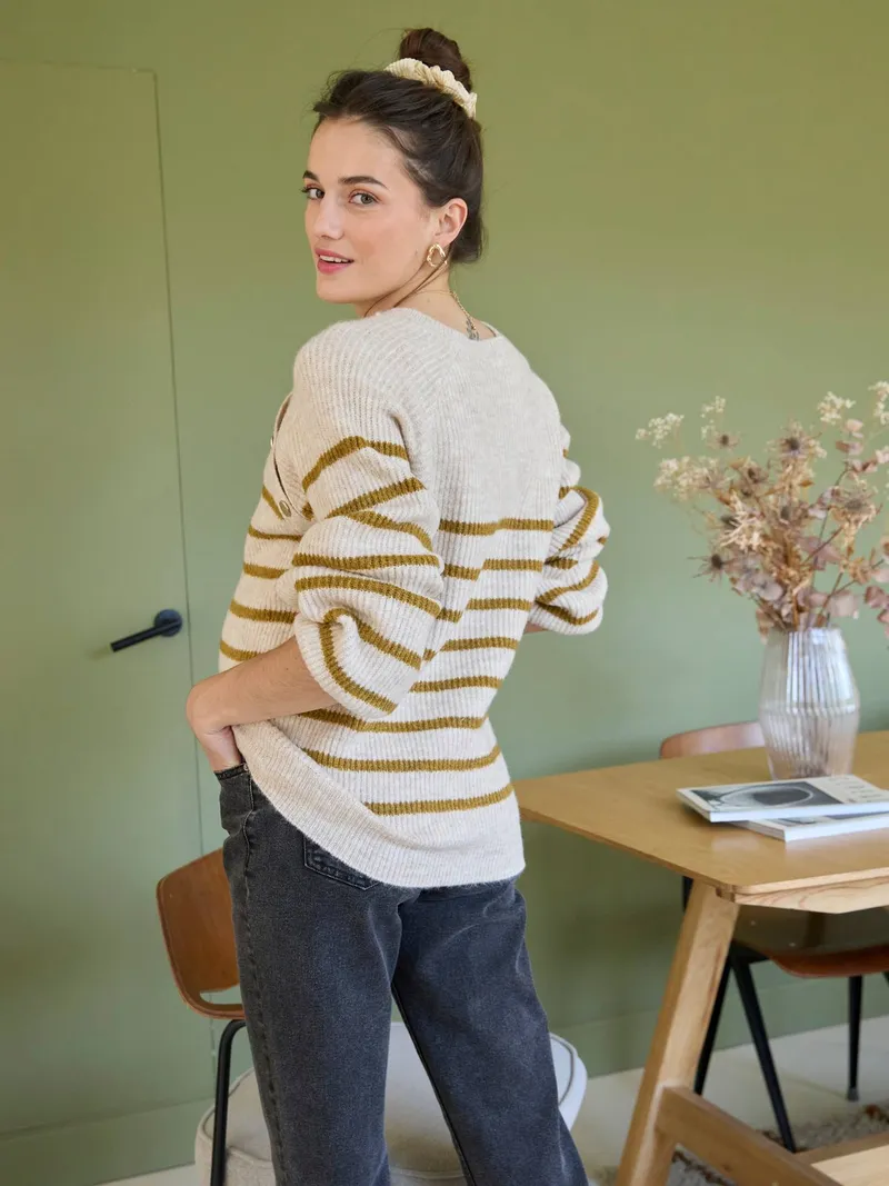 Vertbaudet Umstands-Pullover im Matrosenlook mit Stillöffnung an der Schulter, Beige meliert, – Produktbild 2 von 4