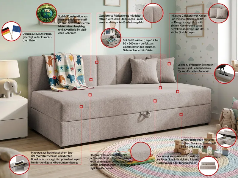 S-Style Möbel Daybett / Tagesbett Lenny mit Rückenlehne und großem Bettkasten, aus Chenille-Stoff, mit Bonellfedern, Braun, – Produktbild 6 von 6