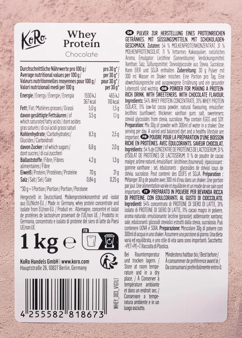KoRo Whey Protein Chocolate 1 kg – Produktbild 5 von 5