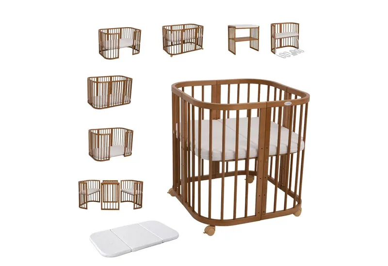 Waldin Waldin Babybett 7in1 mitwachsend, Beistellbett, Matratze, Rollen, Buche, Vintage, Braun, – Produktbild 1 von 5