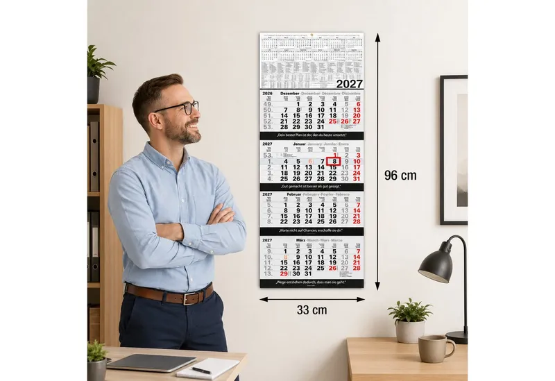 TOBJA Wandkalender 4 Monatskalender 2027 Block 33x96 Zitate Metallöse FSC DE/EN/FR/ES, Block-Format, Zitate Franklin/Kafka, 33x96 cm, Metallöse, 4-sprachig, Schwarz, – Produktbild 4 von 5
