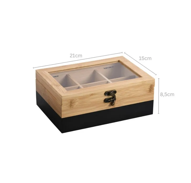 Kesper Kesper Aufbewahrungsbox Tee-Box aus FSC®-zertifiziertem Bambus, 21,5x15x8,5 cm, 6 Fächer, Mit Sichtfenster, Retro-Verschluss, Farbe Schwarz-Natur, Braun|schwarz, – Produktbild 3 von 3