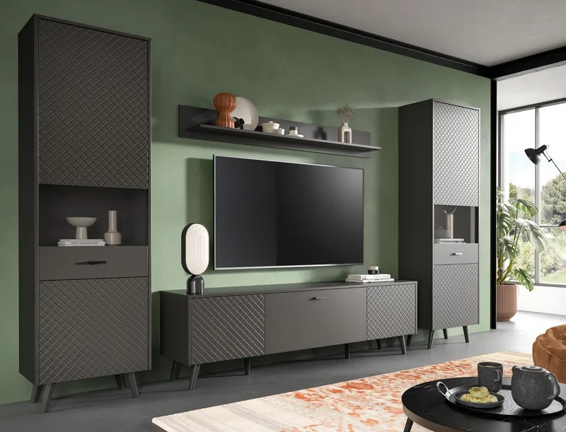 Inn.Furn Wohnwand Madea, (Schrankwand in mattem Grau, 4-teilig, 330 x 195 cm), mit Rautenfräsung, Push-To-Open, Grau, – Produktbild 2 von 5