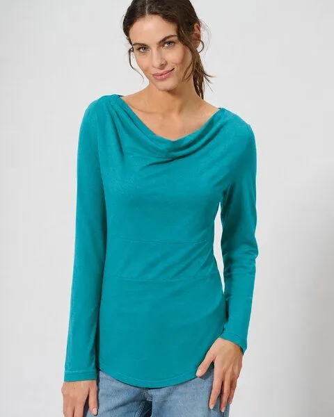 HempAge HempAge Damen Langarmshirt mit Wasserfallkragen Hanf/Biobaumwolle, Pacific grün, – Produktbild 1 von 3