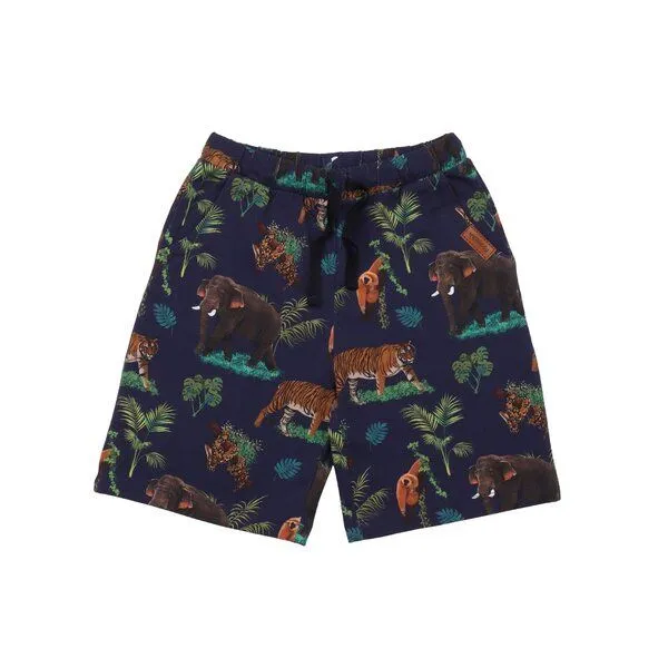 Walkiddy Kinder Shorts GOTS zertifiziert – Bio-Baumwolle, Dunkelblau mit tropischem Muster, elastischer Bund, leicht & bequem | Walkiddy, Blau, – Produktbild 1 von 2