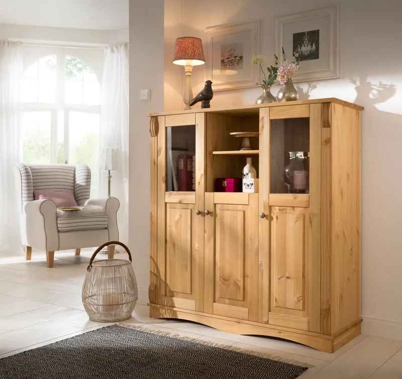 OTTO home Highboard Teresa (Maße (B/T/H): 119/40/120 cm), Vitrine, Türen mit Glaseinsätzen, aus massiver Kiefer, FSC®, Beige, – Produktbild 1 von 4