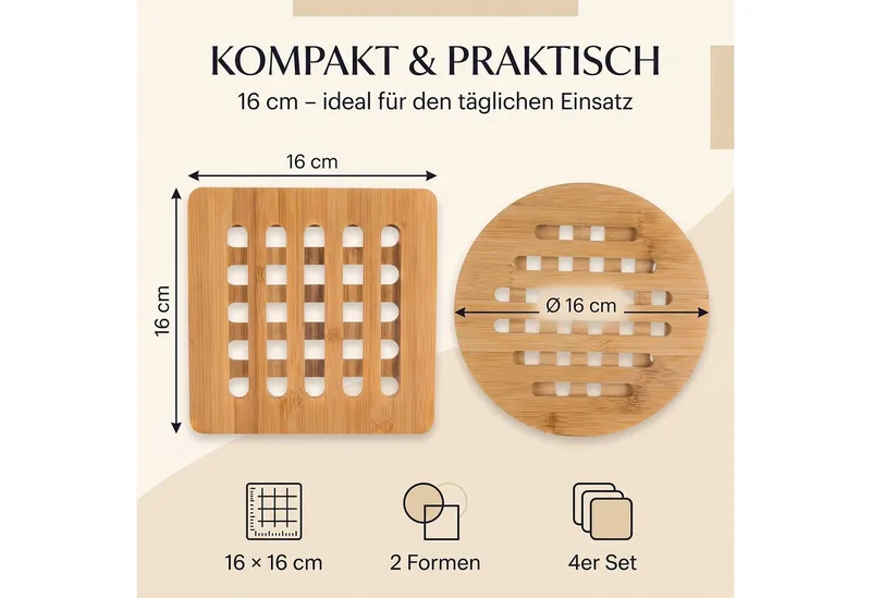 hausleben Topfuntersetzer Bambus-Untersetzer 4er Set 16x16 cm, eckig & rund, Zubehör für Töpfe, Pfannen, Teekannen, Auflaufformen, Set, 4-tlg., 16L x 16B x 1D cm, Beige, – Produktbild 4 von 5