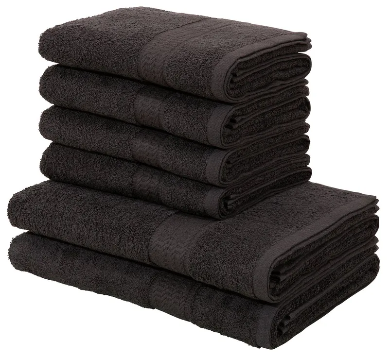 OTTO home Handtuch Set Juna, 6-tlg., 2 Duschtücher (70x140) 4 Handtücher (50x100), Walkfrottee (6-St), 100% Baumwolle, Handtuch-Set mit Bordüre, Uni-Farben, weich, Schwarz, – Produktbild 1 von 5