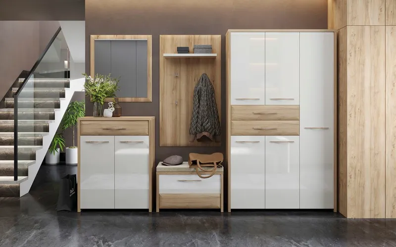 OTTO home Garderoben-Set Gala, (Set, 5-St., Garderobenschrank,Schuhschrank,Schuhbank,Garderobenpaneel,Wandspiegel), Soft-Close Funktion, Hochglanz UV lackiert, Beige|weiß, – Produktbild 6 von 8