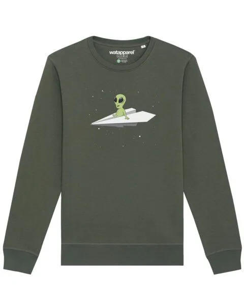 watapparel watapparel Sweatshirt Unisex Alien on a paper plane, Khaki, – Produktbild 1 von 3