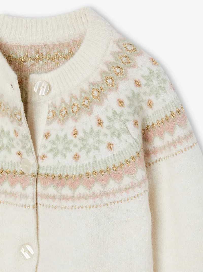 Vertbaudet Mädchen Cardigan mit Norwegermuster 42% Recycling-Polyester GRS-zertifiziert, Wollweiß, – Produktbild 4 von 4