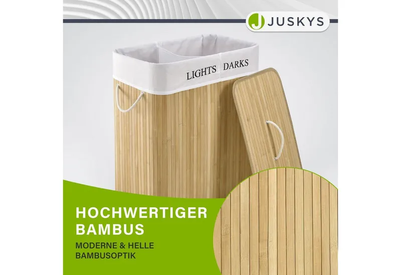 Juskys Wäschekorb Curly 100 L in Natur aus Bambus mit Deckel, 2 Fächern & Wäschesack, Wäschesammler für Familien, faltbar mit Tragegriffen, 52 x 32 x 63 cm, Beige, – Produktbild 5 von 5