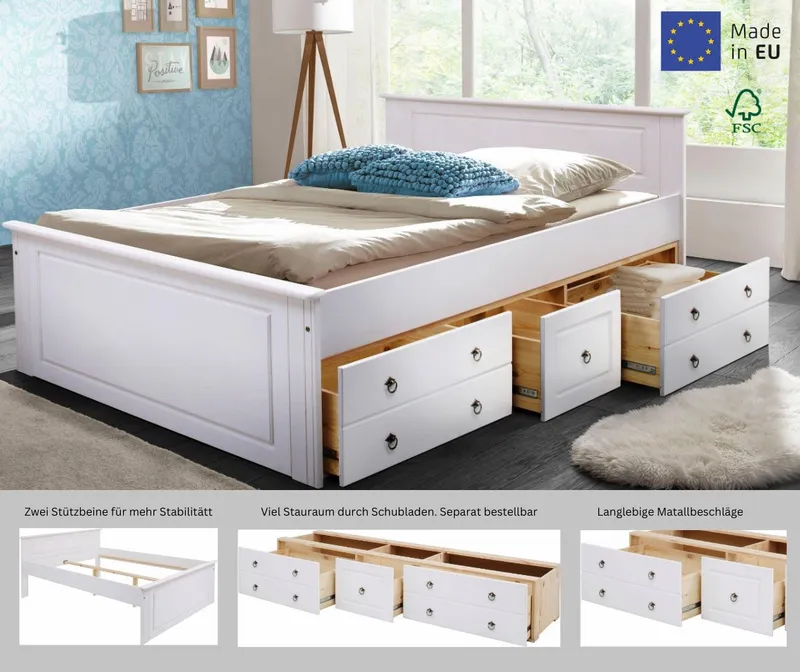OTTO home Massivholzbett Hugo, FSC® zertifiziert, Landhausstil, zeitlos und edel (auch als Super Sparset inklusive Schubkästen), Stauraumbett, extra belastbar, Made in EU, viele Breiten, Weiß, – Produktbild 2 von 8