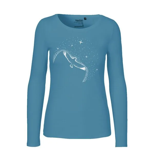 HANDGEDRUCKT HANDGEDRUCKT "Sternstunde" Frauen Longsleeve aus reiner Biobaumwolle (kbA), Dusty indigo, – Produktbild 1 von 2