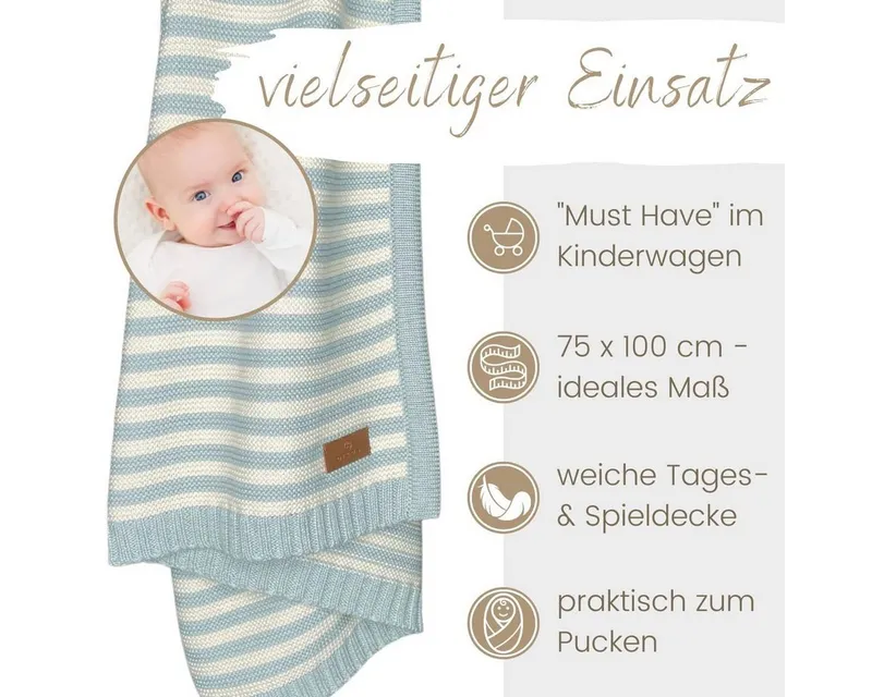 Babydecke DIKOS® Babydecke aus *100%* Bio Baumwolle Strickdecke Erstlingsdecke, DIKOS, PREMIUM Qualität atmungsaktiv, nachhaltig, plastikfrei, kuschelweich, Mint, – Produktbild 3 von 4