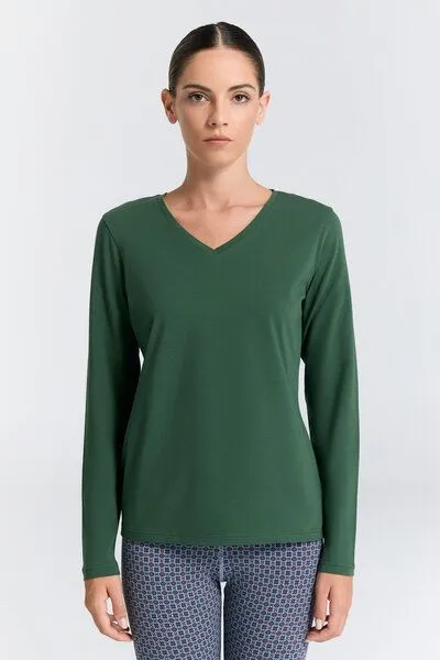 Leela Cotton Leela Cotton Damen V-Neck Langarmshirt, Tannennadel, – Produktbild 2 von 5